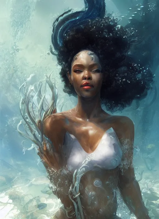 Image similar to Portrait of black mermaid, underwater, white lilies, shells, marvel comics, dark, intricate, highly detailed, smooth, artstation, digital illustration by Ruan Jia and Mandy Jurgens and Artgerm and Wayne Barlowe and Greg Rutkowski and Frank Frazetta