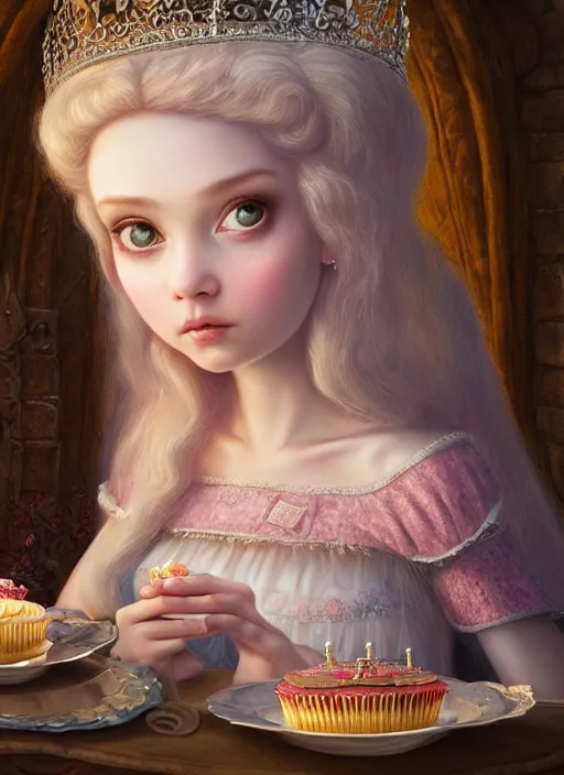 Image similar to highly detailed closeup portrait of a fairytale medieval princess eating cakes, unreal engine, nicoletta ceccoli, mark ryden, lostfish, earl norem, global illumination, god rays, detailed and intricate environment