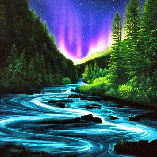 Prompt: a river running through the mountains, forest, at night, blue aurora, saturn, classic painting, award winning, highly detailed