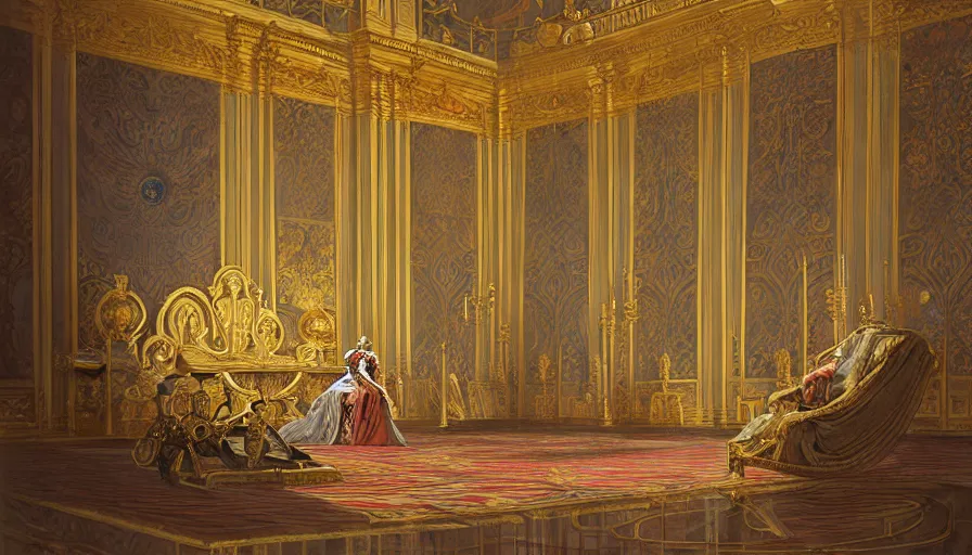 Image similar to the imperial throne room in the palace of versailles of god emperor napoleon bonaparte, napoleon on the throne, dieselpunk, french baroque, rococo, napoleonic, science fiction, steampunk, sharp, concept art watercolor illustration by mandy jurgens and alphonse mucha, dynamic lighting