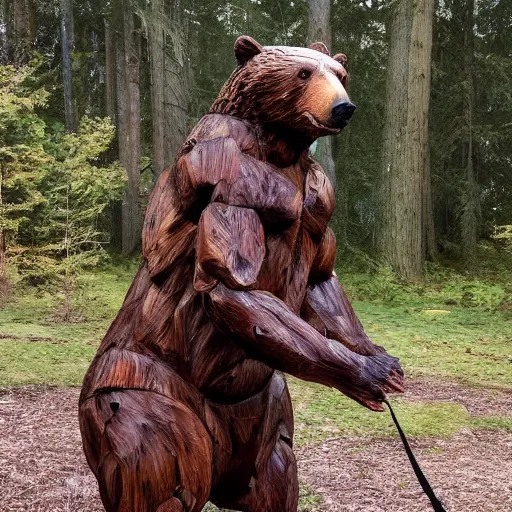 Image similar to wooden sculpture detailed and full body of a bear, hyper realistic, greg rutkowski, trending at artstation