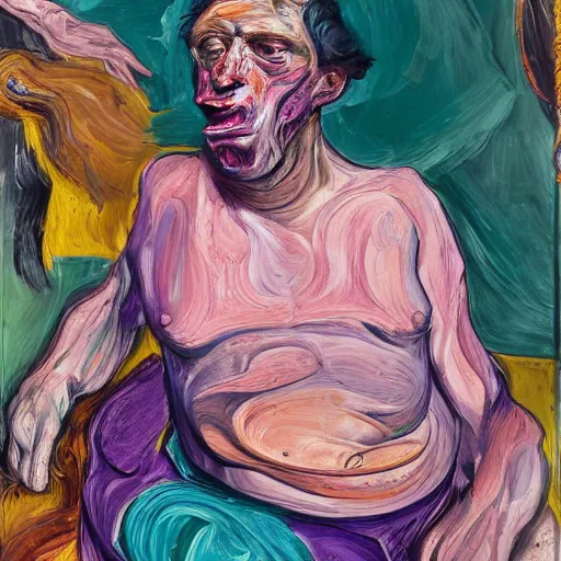 Image similar to high quality high detail expressionist painting of a man in agony by lucian freud and jenny saville and francis bacon and francisco goya and edvard munch, hd, anxiety, seated at table crying and screaming, turquoise and purple and orange and pink