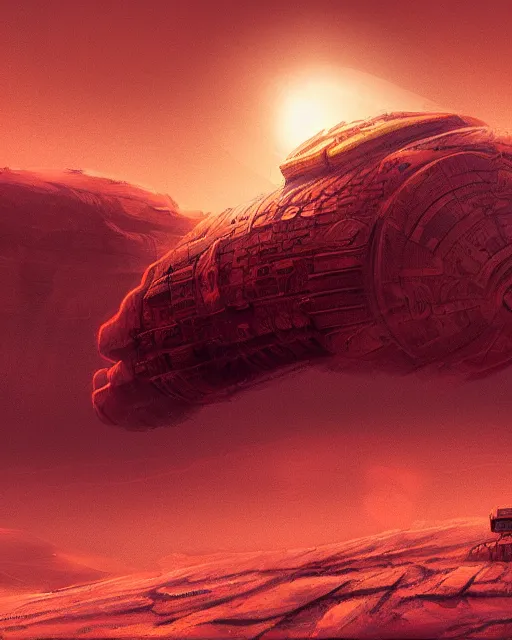 Image similar to ancient space ship, desert planet, cinematic, highly detailed, scifi, intricate digital painting, sunset, red glow, illustration, artstation, by wiktor ohman