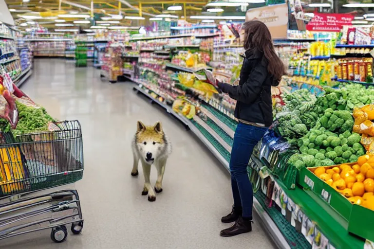 Prompt: anthro anthropomorphic Canis lupus arctos arctic wolf werewolf buying groceries at supermarket professional photo