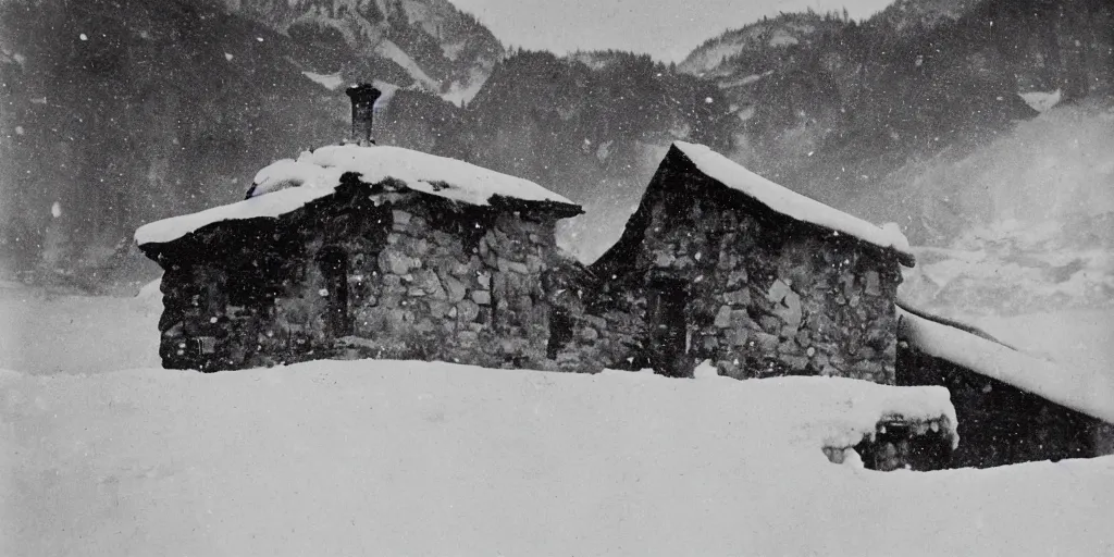 Prompt: 1 9 2 0 s photography of hut in the alps being submerged in snow