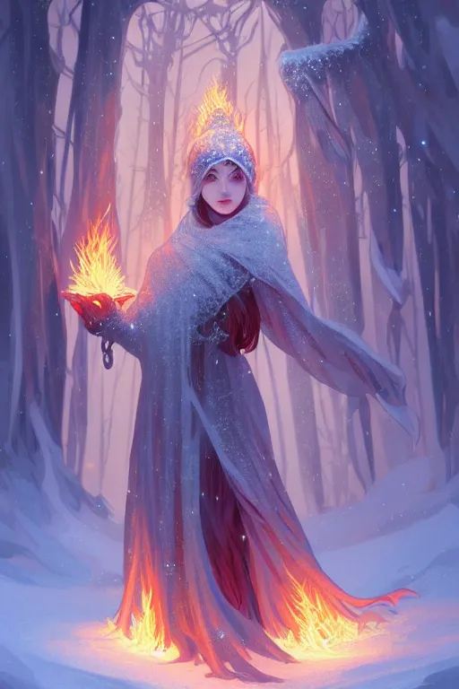 Image similar to beautiful ancient frost witch, flames around, snowy glow, snowfall, highly detailed, digital painting, artstation, sharp focus, illustration, art by tan zi and ayanamikodon and alphonse mucha and wlop