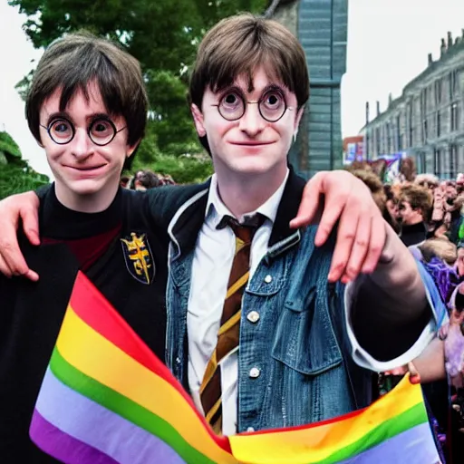 Image similar to harry potter hugging voldemort, pride flag in background