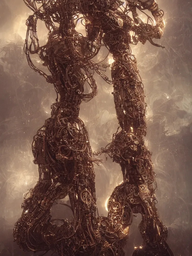 Prompt: a photo of a mech shaman adorned made from cables and synthesizer parts surrounded by sacred geometry made from elven architecture, full body, perfect face, powerful, cinematic, beautifully lit, by artgerm, by karol bak, 3 d, trending on artstation, octane render, 8 k