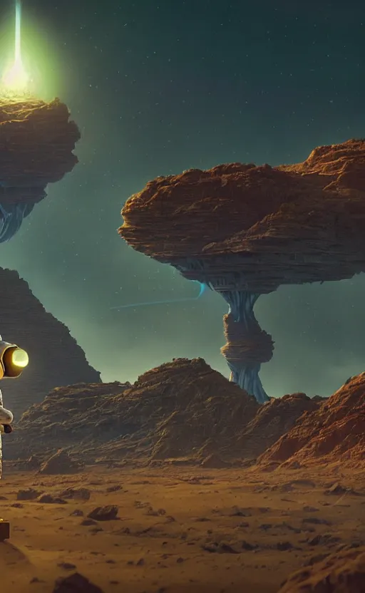 Prompt: A astronaut gazing upon an amazing alien landscape, digital art, breathtaking, golden ratio, extremely detailed, establishing shot, hyperrealistic, cinematic lighting, particles, unreal engine, simon stålenhag, rendered by Beeple, Makoto Shinkai, syd meade, simon stålenhag, Ruan Jia, Kentaro Miura, environment concept, artstation, octane render, 8K UHD image