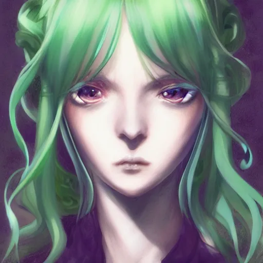 Image similar to facial portrait of a young pretty anime woman, green hair, dark eyes, gothic eyeliner, character concept art, headshot, Charlie Bowater, Anna Dittmann, WLOP, Rumiko Takahashi, Akihiko Yoshida, Hyung-tae Kim, alexander mcqueen, trending on Artstation