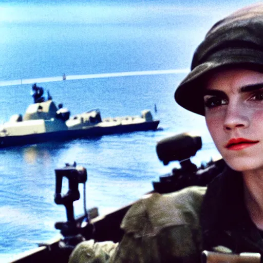 Prompt: film still, far view, landscape, emma watson soldier portrait close up in foreground, vietnam patrol boat, kodak ektachrome, blue tint expired film,