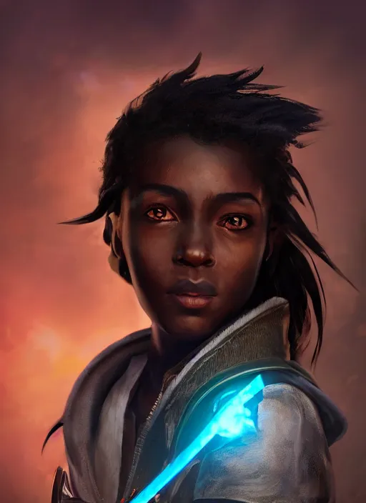 Prompt: An epic fantasy comic book style portrait painting of a young dark skinned girl with short hair dressed as a boy, unreal 5, DAZ, hyperrealistic, octane render, cosplay, RPG portrait, dynamic lighting