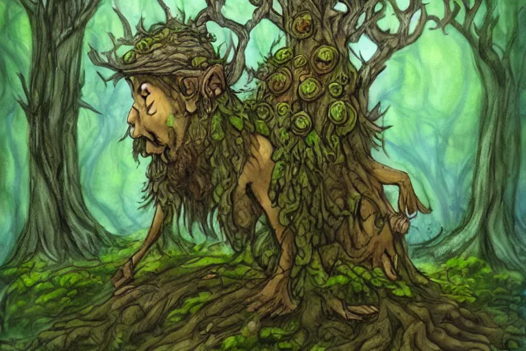 Image similar to a druid treefolk with troll face, standing in the forest, in the style of Tony Diterlizzi and Brian Froud, painterly