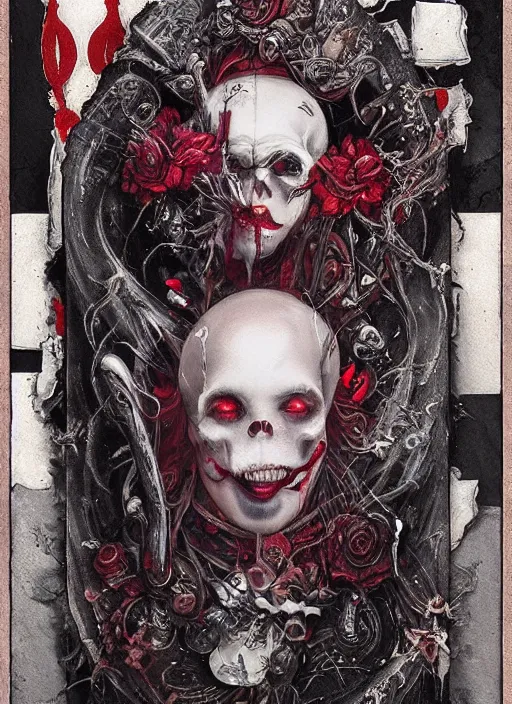 Prompt: Hungry Queen of Hearts with White Rabbit, Death Tarot card,highly detailed,half skull face,cinematic,8k,by Stanley Artgermm,Tom Bagshaw,Greg Rutkowski,Carne Griffiths, Ayami Kojima, Beksinski, Giger,trending on DeviantArt,hyper detailed,horror, full of colour