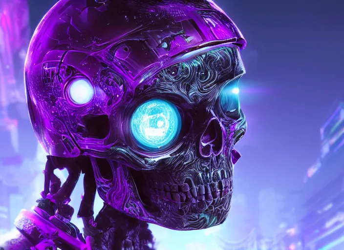 Image similar to a futuristic skull with glowing eyes and a purple background, cyberpunk art by android jones, behance contest winner, computer art, darksynth vaporwave, rendered in cinema 4 d