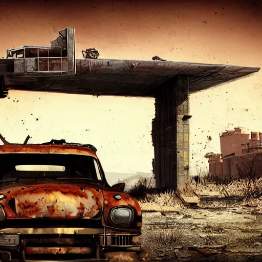 Prompt: postapocalyptic armed car in style of vangers rusty jury - rigged desolate lanscape