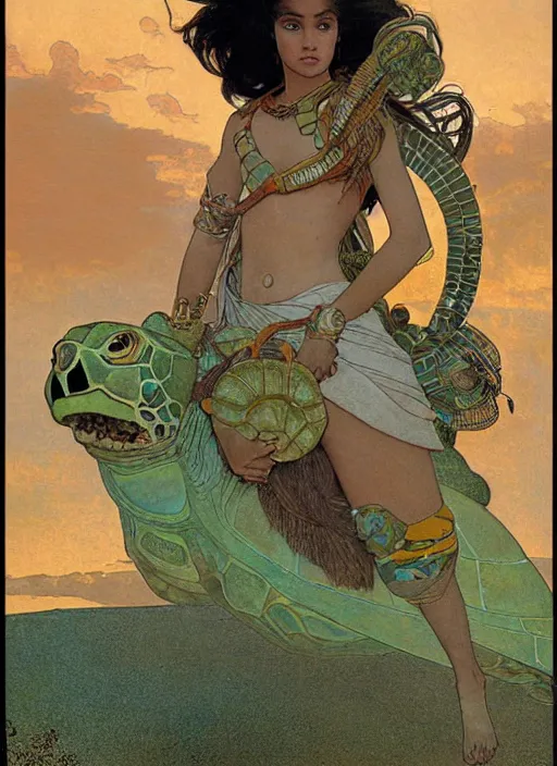 Image similar to a little warrior girl standing on top of one giant turtle in the desert. the girl has dark skin and beautiful green eyes, realistic full body and a very beautiful detailed symmetrical face with long black hair. diffuse light, dramatic sky and landscape, long shot fantasy illustration by mucha