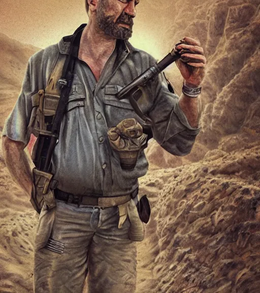Image similar to portrait of muscular, tired and alcoholic 3 0 - year - ol 5 grieving man with short darkblonde hair, serious sad look in his eyes, looking down, dirty beard, blue eyes, crying tears, wearing dirty soldier uniform, on the desert, sad atmosphere, hyper realistic face, character art, art by mark brooks, cryengine, trending on artstation, digital art