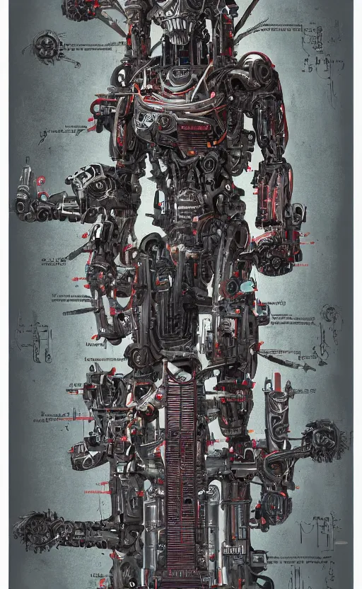 Image similar to anatomy of the terminator, robot, cyborg, t100, bloodborne diagrams, mystical, intricate ornamental tower floral flourishes, technology meets fantasy, map, infographic, concept art, art station, style of wes anderson