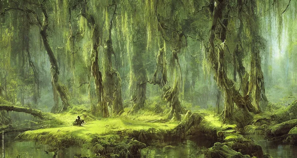 Prompt: ancient willow forest, hemlocks, moss, stream, intricate, vivid colors, elegant, highly detailed, ivan shishkin, john park, frazetta, john howe, ruan jia, jeffrey catherine jones