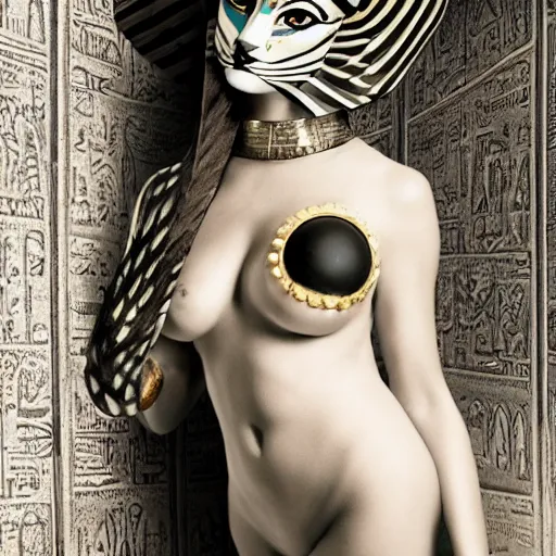 Image similar to Bastet, the cat-headed egyptian goddess, fetish, full makup, medium shot. In the style of Helmut newton, robert maplethorpe, Stefano Brunesci, Lachlan Bailey, Herb Ritts, Ellen Von Unwerth, Haris Nukem, Sardax, Annie Leibovitz. detailed photo, hd, 4k, trending on artstation, 35mm, f1.8