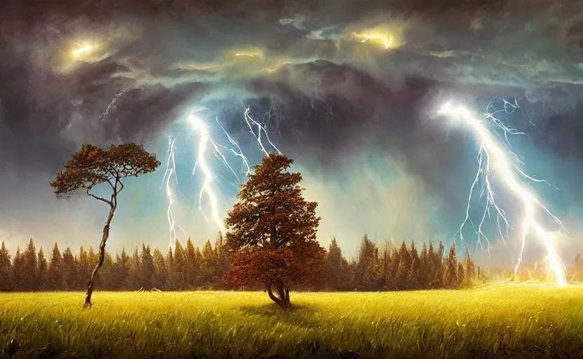 Image similar to lightning strikes a tree in the middle of a field, fantastic landscape, hyperrealism, no blur, 4k resolution, ultra detailed, style of Anton Fadeev, Ivan Shishkin, John Berkey