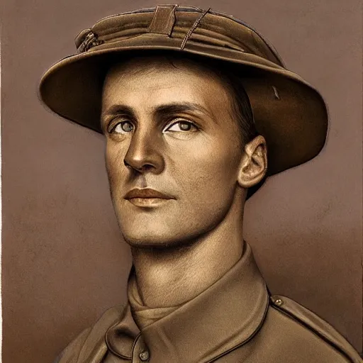 Image similar to a detailed photorealistic sepia - toned color portrait painting of a 1 9 1 7 worried clean - shaven british lieutenant in detailed field gear wearing a finely - detailed pith helmet in wadi rum, ultra realistic, intricate details, atmospheric, dark, horror, brooding, highly detailed, by clyde caldwell