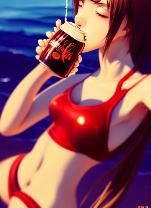 Image similar to full body picture of a extremely beautiful and attractive and cute and aesthetic girl drinking a coke, highly detailed face, very thirsty, dripping on the body, sharp focus, shiny day on the beach, specular reflection, occlusion shadow, trending on artstation, epic light novel cover art, art by ilya kuvshinov and sakimichan and jeremy lipking