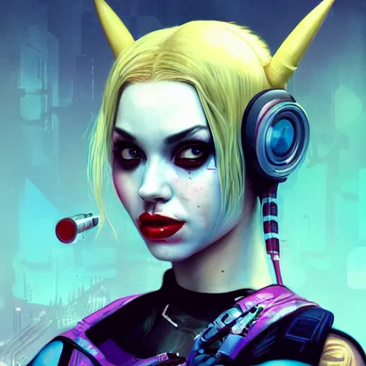 Prompt: lofi biopunk portrait of harley quinn, cyberpunk background, smooth face makeup, Pixar style, by Tristan Eaton Stanley Artgerm and Tom Bagshaw.