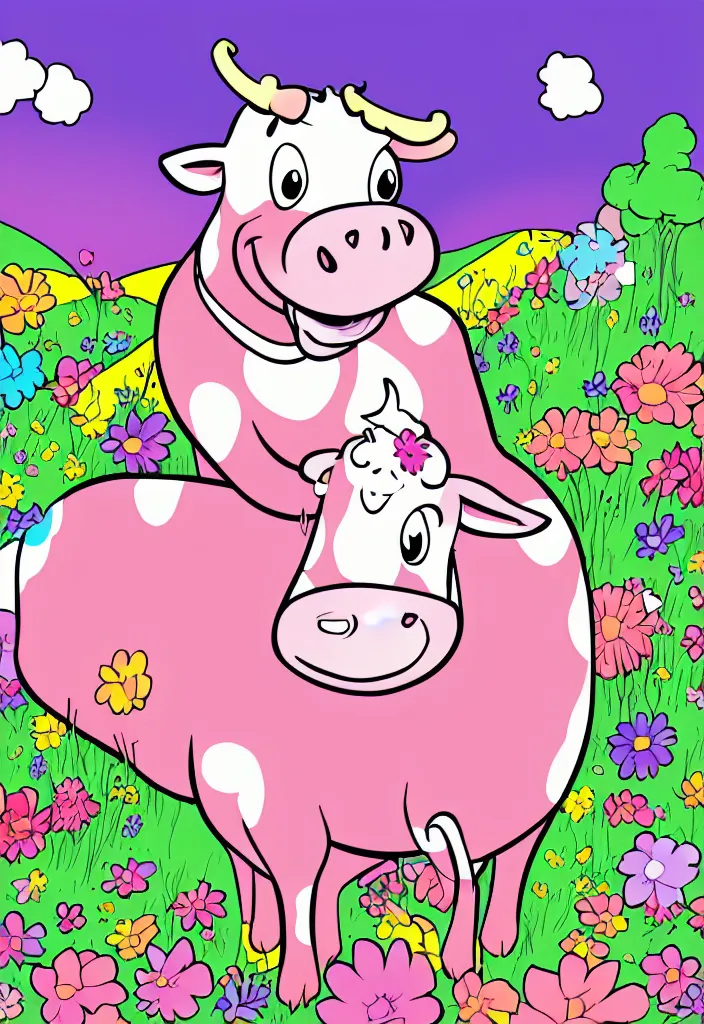 Prompt: colouring page of a happy cow on a sunny farm, pixiv fanbox, dramatic lighting, maximalist pastel color palette, pixar and disney concept, clarabelle cow, clean cel shaded vector art, on artstation