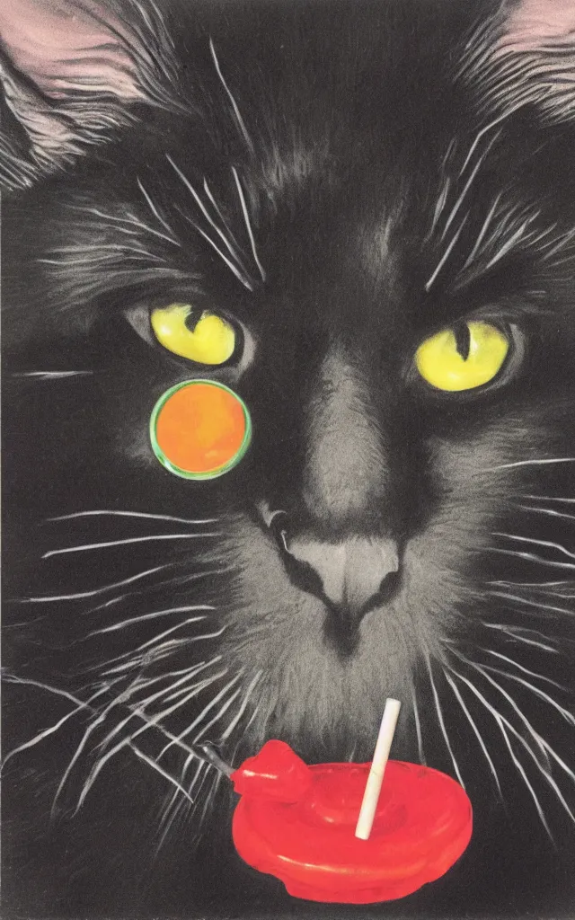 Prompt: a black cat eating a lollipop while being watched by mysterious eyes in the darkness, airbrush giallo 80s, masterpiece album cover with black gradient on edges