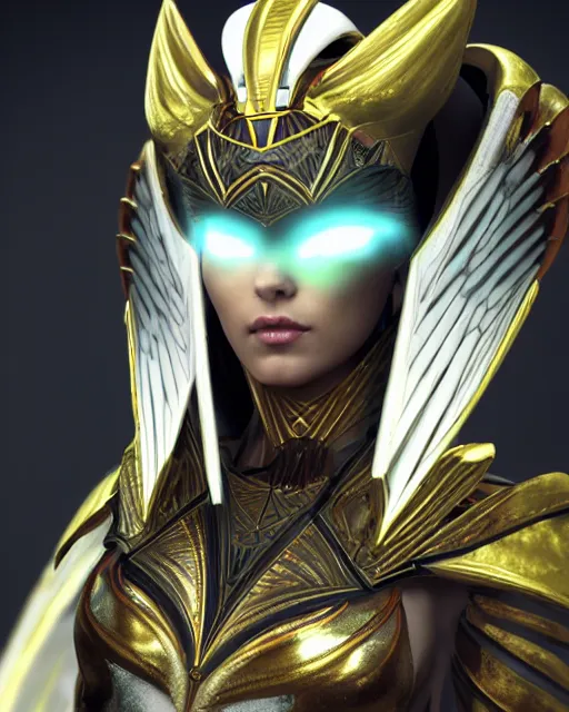 Prompt: attractive egyptian queen wearing white dove wings, warframe armor, regal, attractive, ornate, sultry, elize theron, pretty face, green eyes, scifi platform, 4 k, ultra realistic, epic lighting, illuminated, cinematic, black gold, art by akihito tsukushi, voidstar