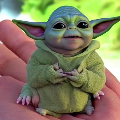 Prompt: a tiny pigmy baby yoda-Shrek Shrek Shrek hybrid in the palm of a person's hand, super cute