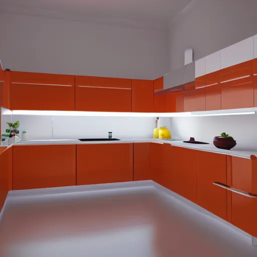 Prompt: 1970's futurist interior kitchen, furnished by aero aarino, primary colors are white, orange, yellow, and red unreal engine 8k resolution