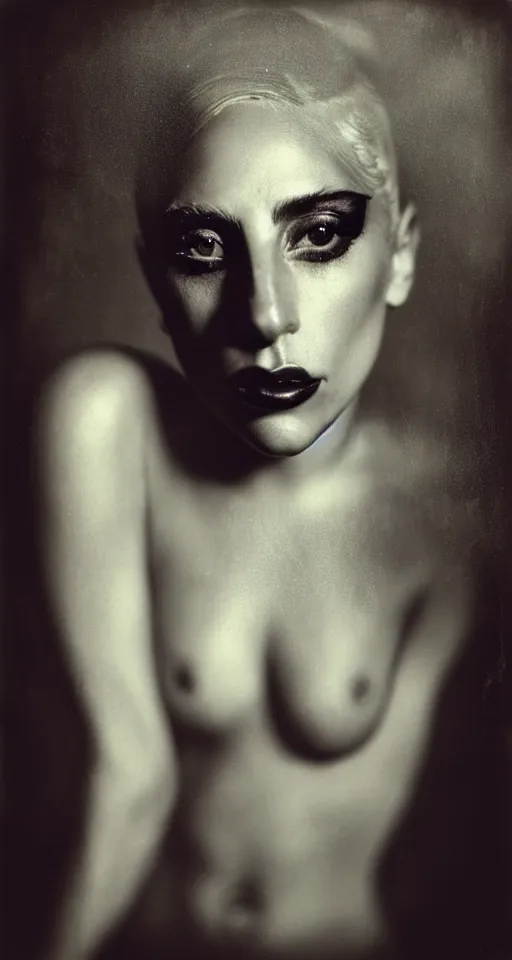 Image similar to a wet plate photograph, a portrait of Lady Gaga