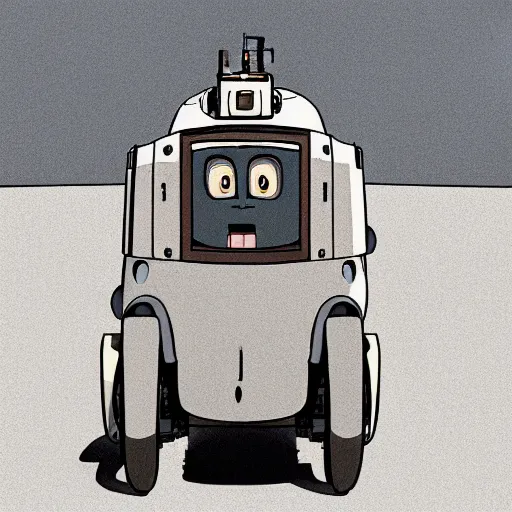 Image similar to a study of cell shaded cartoon of a grey robot st. bernard from howl's moving castle ( 2 0 0 4 ) on a desert road, full body, wide shot, very muted colors, post grunge, studio ghibli, laurie greasley, highly detailed, deviantart, art by artgem