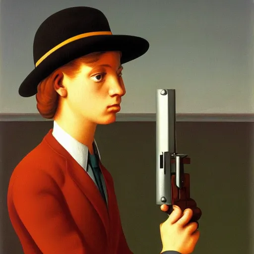 Image similar to a confused young-man weilds a gun by Raphael, Hopper, and Rene Magritte. detailed, romantic, enchanting, trending on artstation.