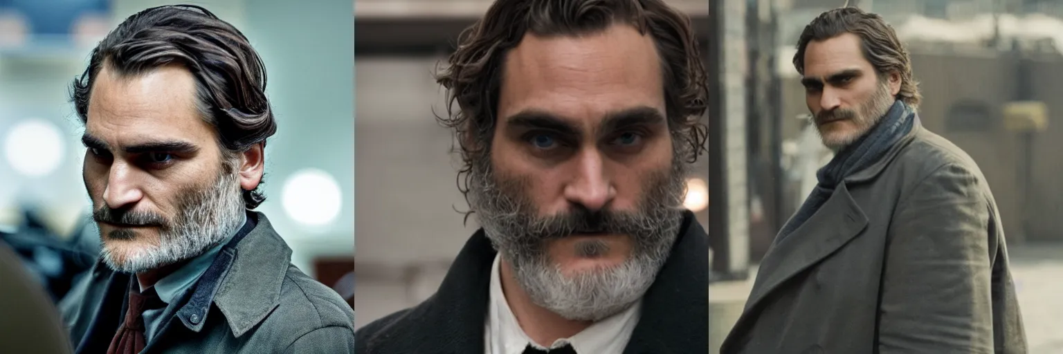 Prompt: close-up of Joaquin Phoenix as a detective in a movie directed by Christopher Nolan, movie still frame, promotional image, imax 70 mm footage