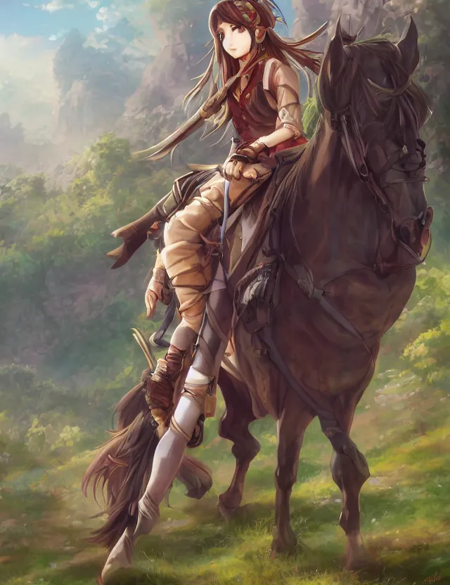 Prompt: scenic wide angle portrait of a teenage girl, bard outfit, riding a horse, anime in fantasy style, trending artwork, painted in anime painter studio, by anato finstark, tony sart, marc simonetti and an anime artist, collaboration