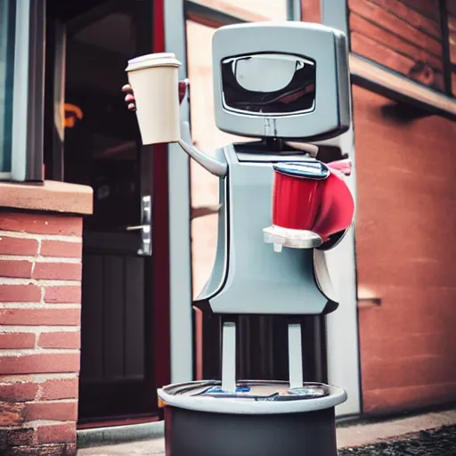 Prompt: feminine robot holding coffee outside, photograph