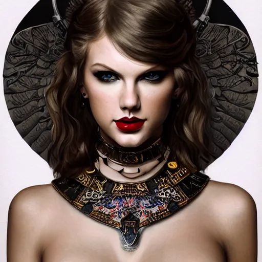 Image similar to portrait of taylor swift as a warrior woman, looking at camera, d & d, choker on neck, stylish armor, intricate, elegant, stylish, fierce look, fantasy, extremely detailed, digital painting, artstation, concept art, smooth, sharp focus, illustration, stunning lighting, art by artgerm and greg rutkowski and alphonse mucha and simon stalenhag.