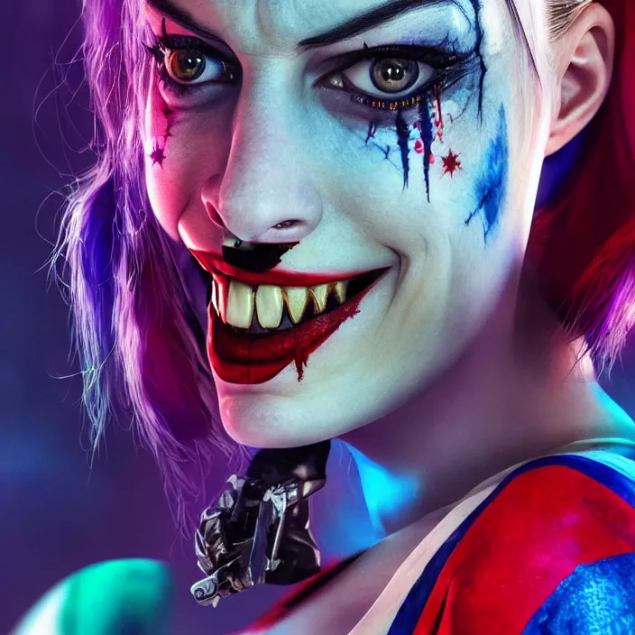 Image similar to portrait of Anne Hathaway as a harley quinn in Suicide Squad. intricate abstract. intricate artwork. by Tooth Wu, wlop, beeple, dan mumford. octane render, trending on artstation, greg rutkowski very coherent symmetrical artwork. cinematic, hyper realism, high detail, octane render, 8k, iridescent accents