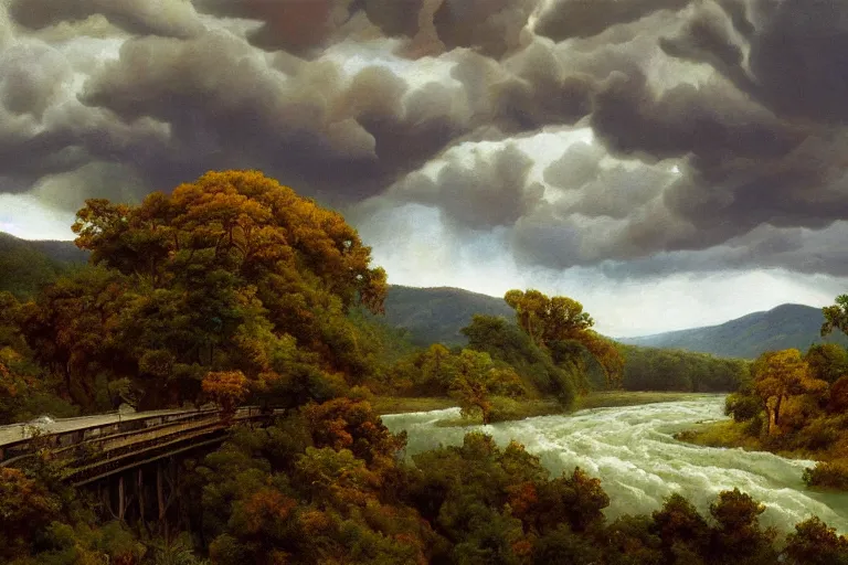 Image similar to two rivers converge to form one larger river, appalachian mixed mesophytic forest, roiling thunderstorm sky background, by Cortes Thurman the greatest Barbizon artist ever known and by Joe Jusko, rendered in hyperdetailed Ultra HD, trending on ArtStation, luminous