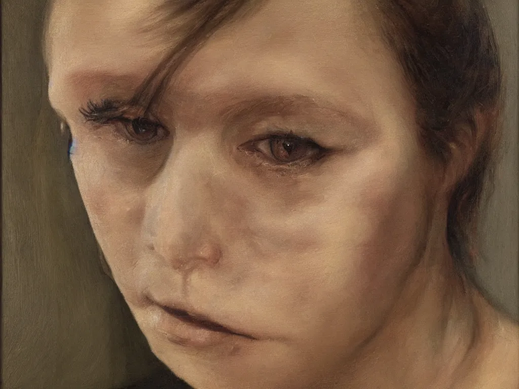 Image similar to very close up portrait of a young tattooed blind woman. painting by borremans