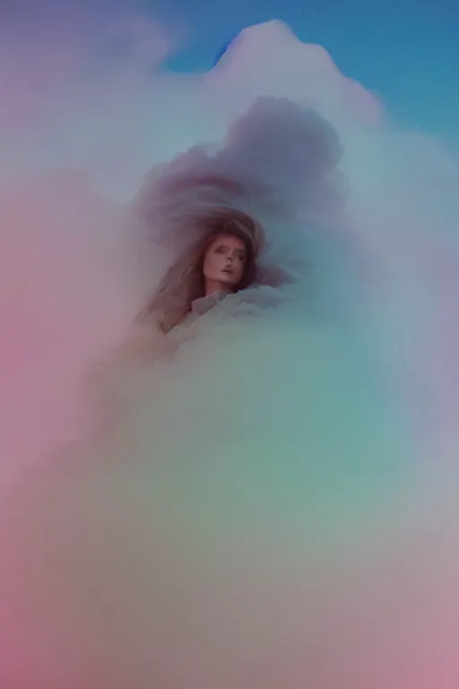 Image similar to high quality pastel coloured film close up wide angle photograph of a model wearing clothing resting on cloud furniture in a icelandic black rock!! environment in a partially haze filled dreamstate world. three point light, rainbow. photographic production. art directed. pastel colours. volumetric clouds. pastel gradient overlay. waves glitch artefacts. extreme facial clarity. 8 k. filmic.