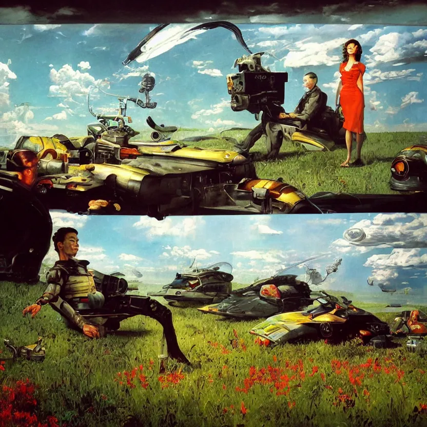 Image similar to highly detailed science fiction painting turned into a diorama sculpture depicting a futuristic lounge room on the edge of a meadow with billowing clouds. styling by norman rockwell, frank frazetta, and syd mead. rich colors, high contrast, gloomy atmosphere. trending on artstation.