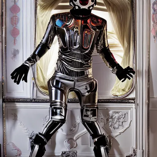 Image similar to architectural digest portrait photo, inside a futuristic ornate rococo bedroom made out of shiny reflective chrome and rubber and exotic woods, huge window showing a distant colorful planet, futuristic android with limbs made out of stretchy rubber tubing and latex mixed with shiny chrome gauntlets and chest piece and mask