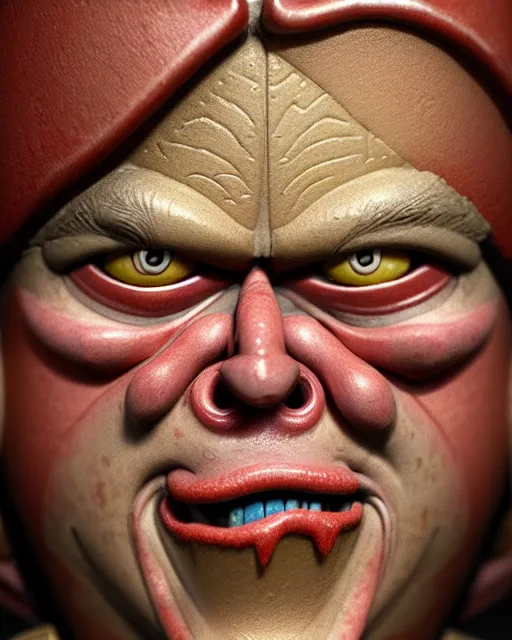 Image similar to highly detailed closeup, face profile portrait of a tin toy matt damon as a medieval demon with horns eating cakes in a castle, hyper realistic, artstation, illustration, nicoletta ceccoli, mark ryden, lostfish, dan decarlo, bob clampett, max fleischer, digital paint, matte paint, vivid colors, detailed and intricate environment