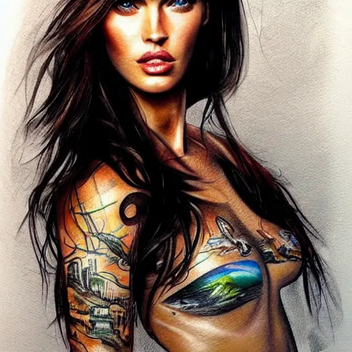 Image similar to realism tattoo sketch of double exposure megan fox, on beautiful mountain scenery, in the style of andrey lukovnikov