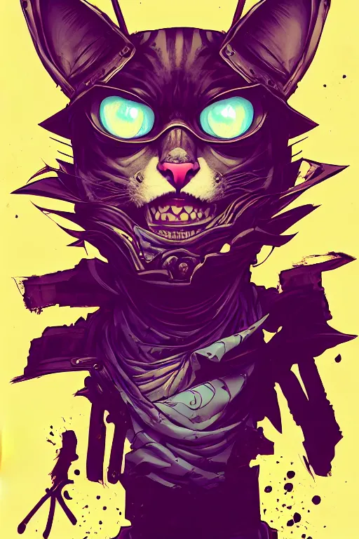 Prompt: a study of cell shaded portrait of a cat as a borderlands 3 character, llustration, post grunge, evil vibe, concept art by josan gonzales and wlop, by james jean, Victo ngai, David Rubín, Mike Mignola, Laurie Greasley, highly detailed, sharp focus, alien, Trending on Artstation, HQ, deviantart, art by artgem